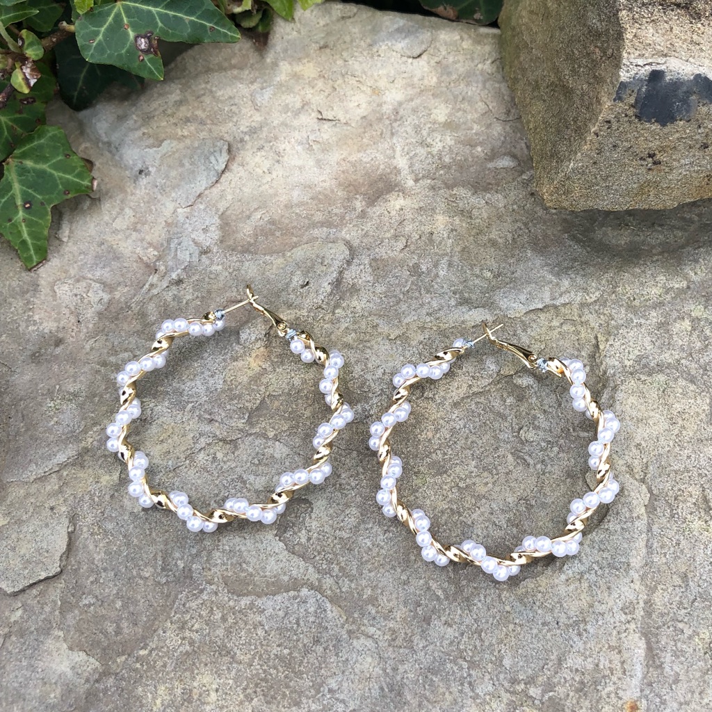 Faux Pearl Twist Hoop Earrings 2” Diameter